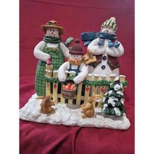 VtG 1990's Raz Imports Signed By Deb Strain Snowman Winterscape Feeding Bunnies